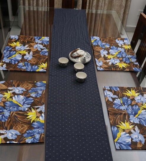 Floral (13x19) Blue & Brown Cotton (Set of 6) Placemat