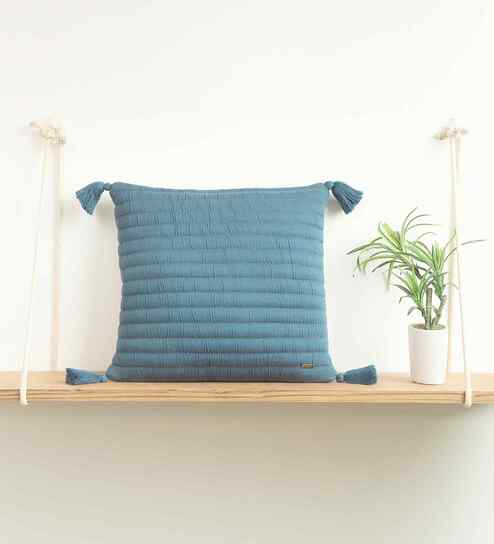 Blue 100% Cotton 16X16 Inches Knitted Cushion Cover With Filler