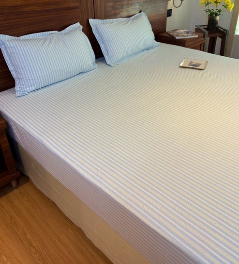 Blue 100% Cotton Striped Print Double Breeze Bedsheet with 2 Pillow Covers (Spring Summer 2025 Collection)