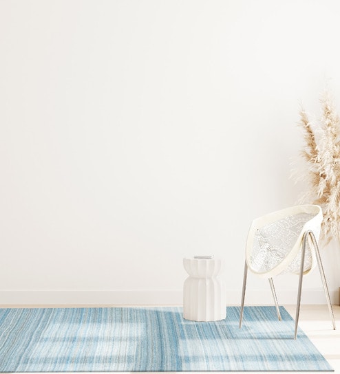 Blue Striped 100% Polyester 8 ft x 10 ft Hand Woven Carpet