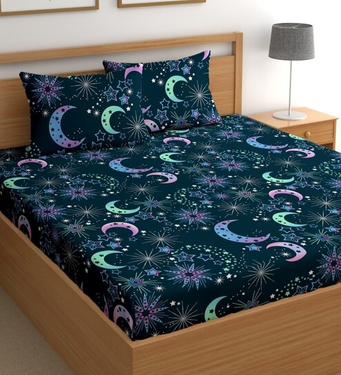 Blue 180 TC Stars Cotton Queen Double Bedsheet 2 Pillow covers