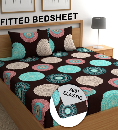 Blue 180 TC Geometric Cotton Fitted Double Bedsheet 2 Pillow covers