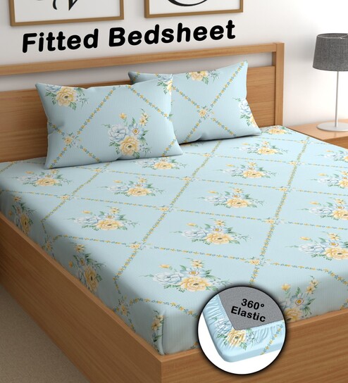 Blue 200 TC Floral Cotton Fitted Double Bedsheet 2 Pillow covers