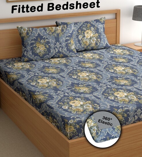 Blue 200 TC Floral Cotton Fitted Double Bedsheet 2 Pillow covers