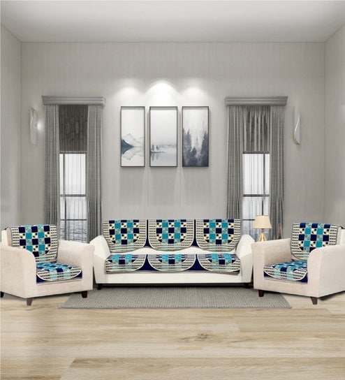 Blue 5 Seater Checkered 10Pcs Sofa Covers