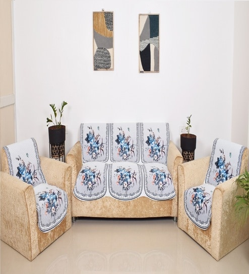 Blue 5 Seater Floral 10Pcs Sofa Covers
