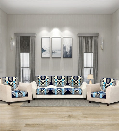 Blue 5 Seater Checkered 10Pcs Sofa Covers