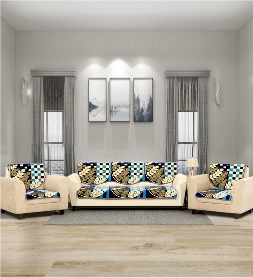 Blue 5 Seater Checkered 10Pcs Sofa Covers