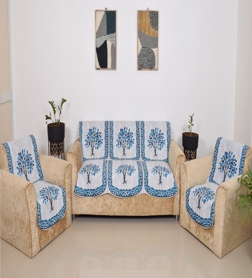 Blue 5 Seater Floral 10Pcs Sofa Covers