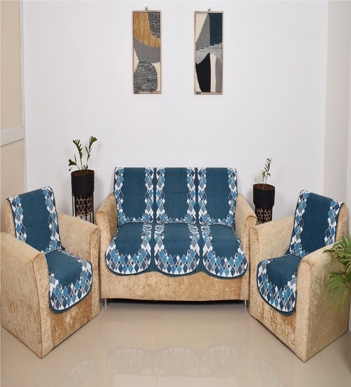 Blue 5 Seater Geometric 10Pcs Sofa Covers