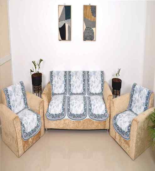 Blue 5 Seater Floral 10Pcs Sofa Covers