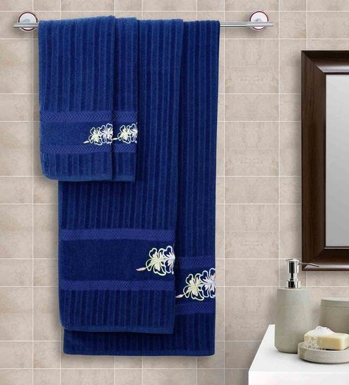 Blue Patterned 500 GSM Cotton Towel Sets (Set of 4)