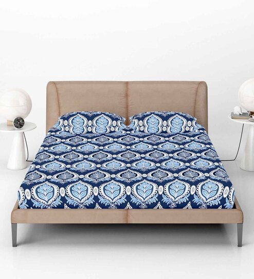 Blue Abstract 144 TC Cotton Fitted Double Bedsheet with 2 Pillow Covers