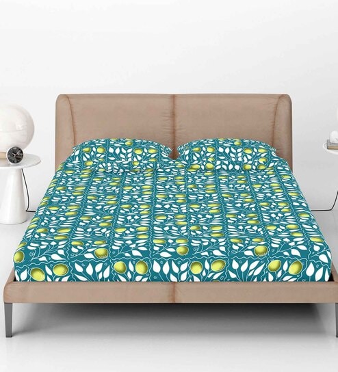 Blue Floral 144 TC Cotton Fitted Double Bedsheet with 2 Pillow Covers