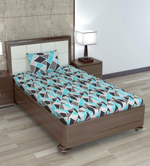 Blue Abstract 144 TC Cotton Single Bedsheet with Pillow Cover