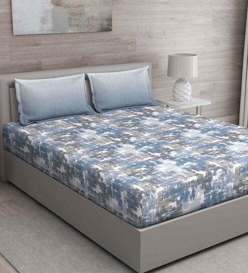 Blue Abstract 144 TC Cotton King Sized Bed Sheets with 2 Pillow Covers by GM Fabrics