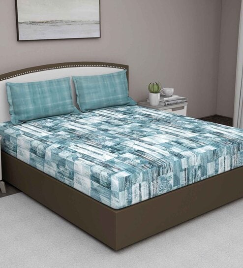 Blue Abstract 180 TC Cotton Queen Sized Bed Sheets with 2 Pillow Covers by GM Fabrics