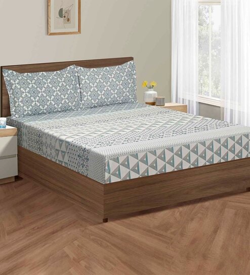 Blue Abstract 200 TC Cotton Double Bedsheet with 2 Pillow covers