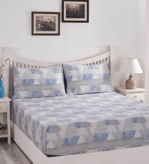 Blue Abstract 210 TC 100% Cotton Queen Sized Bed Sheets with 2 Pillow Covers