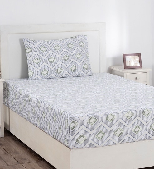 Blue Traditional 210 TC 100% Cotton Single Bed Sized Bed Sheets With 1 Pillow Cover by Maspar