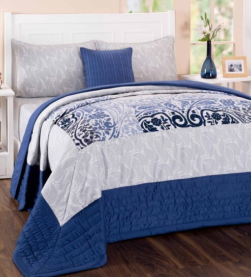 Blue Abstract 210 TC Cotton 8 Pieces Bedding Set Folklore Collection by Maspar