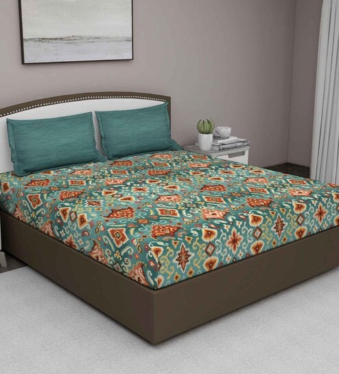 Blue Traditional 210 TC Cotton King Sized Bed Sheets with 2 Pillow Covers by GM Fabrics