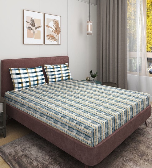 Blue Abstract 210 TC Cotton King Sized Double Bedsheet with 2 Pillow Covers