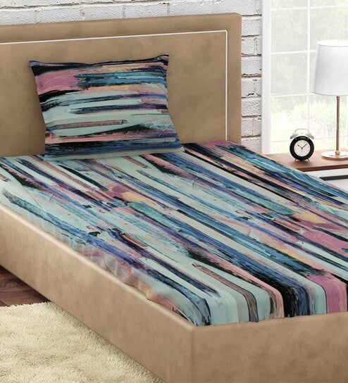 Blue Abstract 300 TC 100% Cotton Single Bed Sized Bed Sheets With 1 Pillow Cover by Petal Home