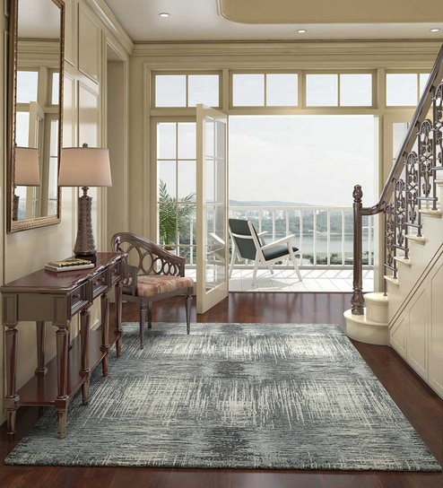 Blue Abstract Wool & Bamboo Slik 8 ft x 10 ft Hand Knotted Carpet