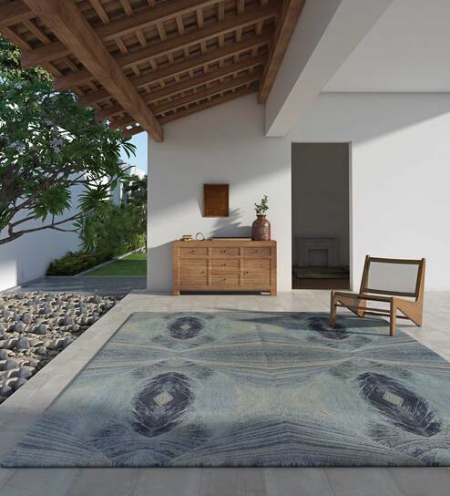 Blue Abstract Wool 8 x 10 ft Hand Knotted Carpet