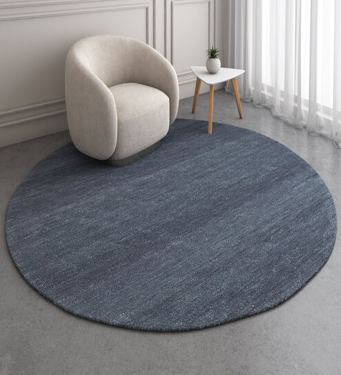 Blue Abstract Wool and Viscose 5 ft X 5 ft Hand Tufted Round Carpet