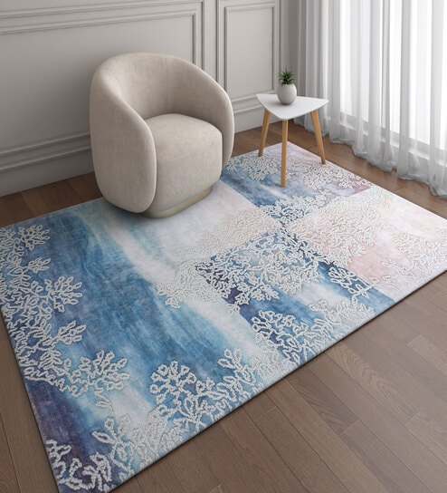 Blue Abstract Wool and Viscose 5 ft X 8 ft Hand Woven Carpet