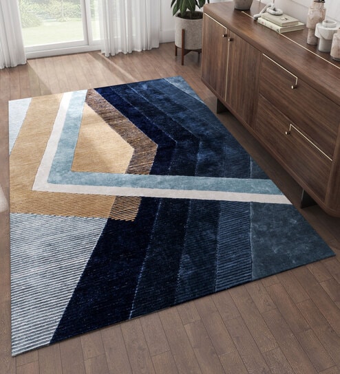 Blue Abstract Wool and Viscose 6 ft X 9 ft Hand Tufted Rectangle Carpet