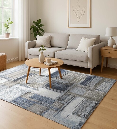 Blue and Brown Abstract 5x7 Feet Machine Made Carpet
