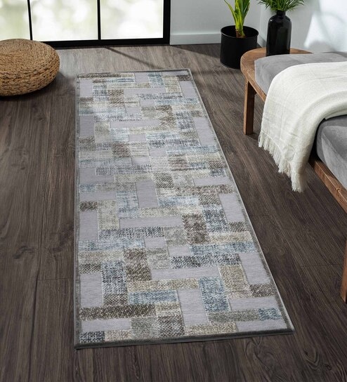 Blue and Brown Geometric 2x3 Feet Machine Made Runner