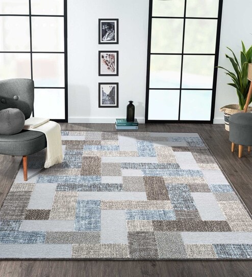 Blue and Brown Geometric 4x6 Feet Machine Made Carpet