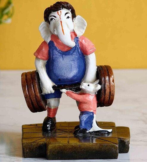 Blue and Brown Polyresin Lord Ganesha Doing Weightlifting with Mushak Idol by eCraftIndia