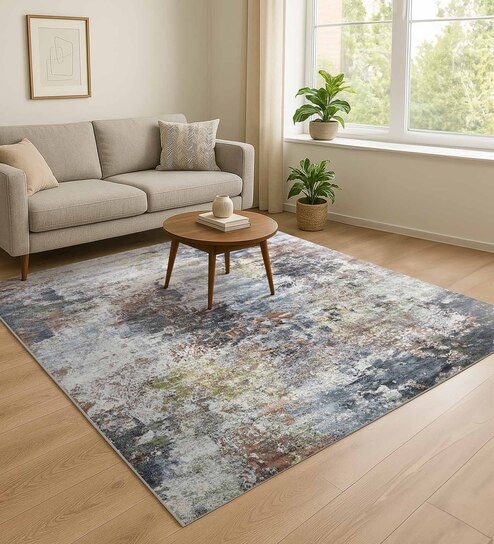 Blue and Cream Abstract 3x5 Feet Machine Made Carpet