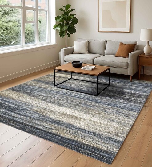 Blue and Cream Abstract 3x5 Feet Machine Made Carpet