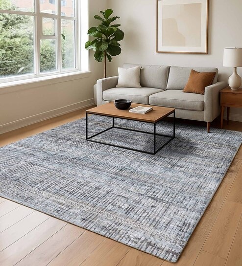 Blue and Cream Abstract 4x6 Feet Machine Made Carpet