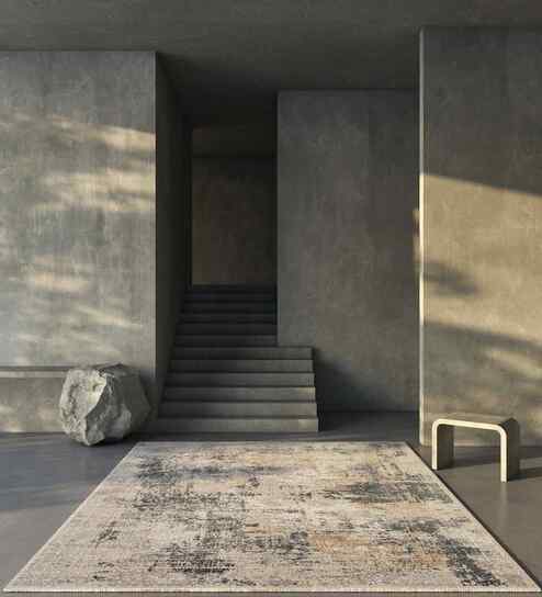 Blue and Grey Abstract Polyester 5x7.5 Feet Machine Made Carpet