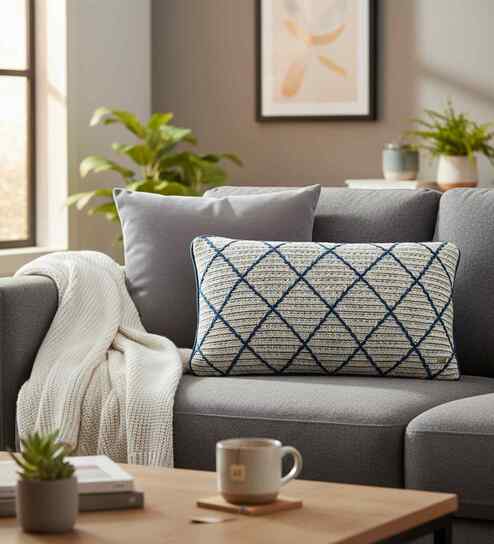 Blue And Natural 100% Cotton Arabella 12X20 Inches Knitted Cushion Cover