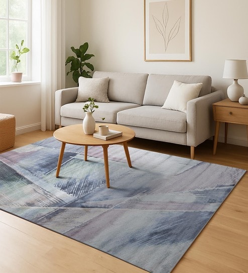 Blue and Pink Abstract 4x6 Feet Machine Made Carpet