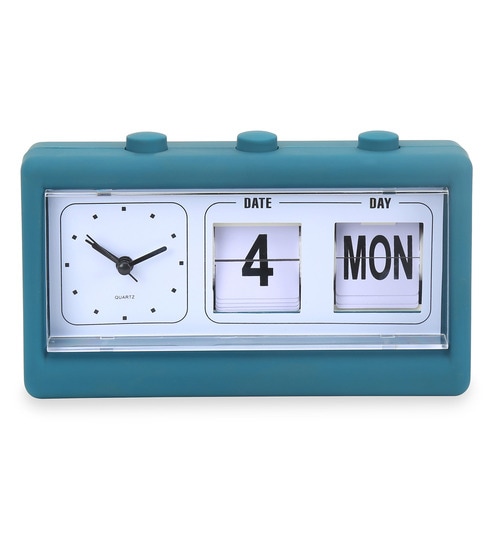 Buy Blue And White Plastic Analog Calendar Table Clock With