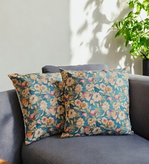 Blue Art Silk Chanderi Textured Floral 16x16 inches Cushion Covers (Set of 2)