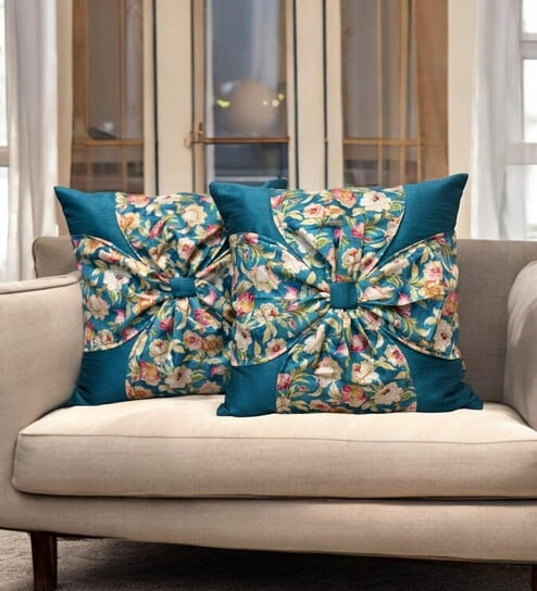 Blue Art Silk Chanderi Textured Floral 16x16 inches Cushion Covers (Set of 2)