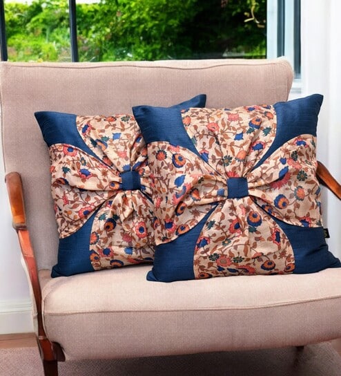 Blue Art Silk Chanderi Textured Floral 16x16 inches Cushion Covers (Set of 2)