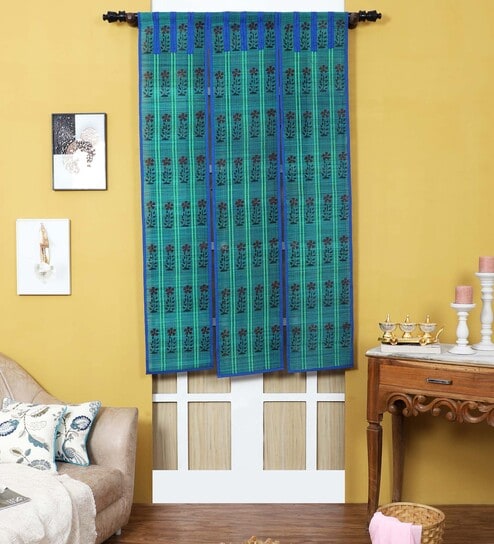 Blue Bamboo Floral 6Ft Semisheer Fabric Loops Window Curtain (1 Pc)