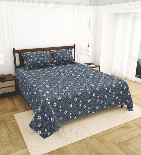 Blue Bedsheet 220 Tc Cotton King Bedsheet With 2 Pillow Covers