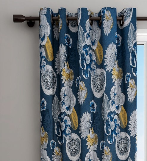 Blue Floral Cotton 7 Ft Blackout Eyelet Door Curtain